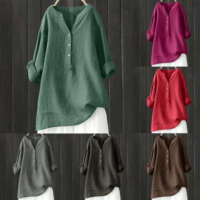 Women Solid Stand Collar Long Sleeve Shirt Casual Loose Blouse Button Down Tops