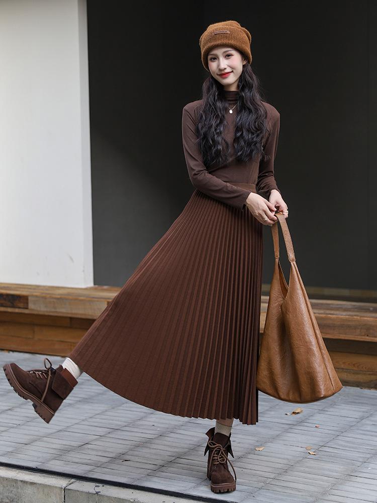 Winter 2024 Women's High-Waisted Wool Blend Pleated Midi Skirt – Slimming A-line Casual Style