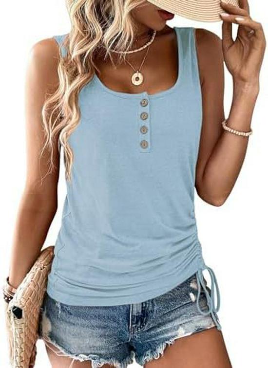 Women's Casual Sleeveless U-Neck Button Drawstring Shirt
