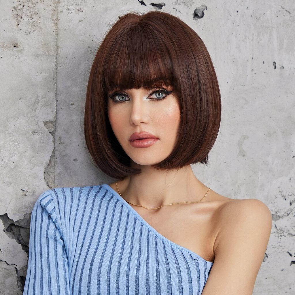 HAIRCUBE Short Straight Bob Wigs Brown Synthetic Hair Wigs With Bangs for Women Daily Lolita Natural Wigs Heat Resistant