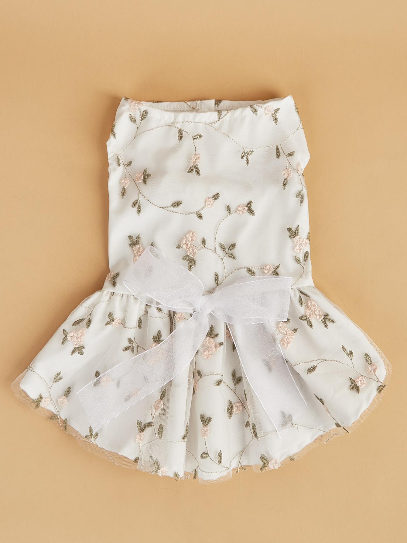 

Dog Dress Girl Dog Sleeveless Clothes Embroidered Flower Pet Apparel Doggie Tulle Bowknot Cat Clothing Puppy Dresses XS（old） білий