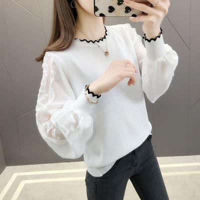 Fahion Lantern Sleeve Knitted Top with Chiffon Patchwork for Women's Casual Wear