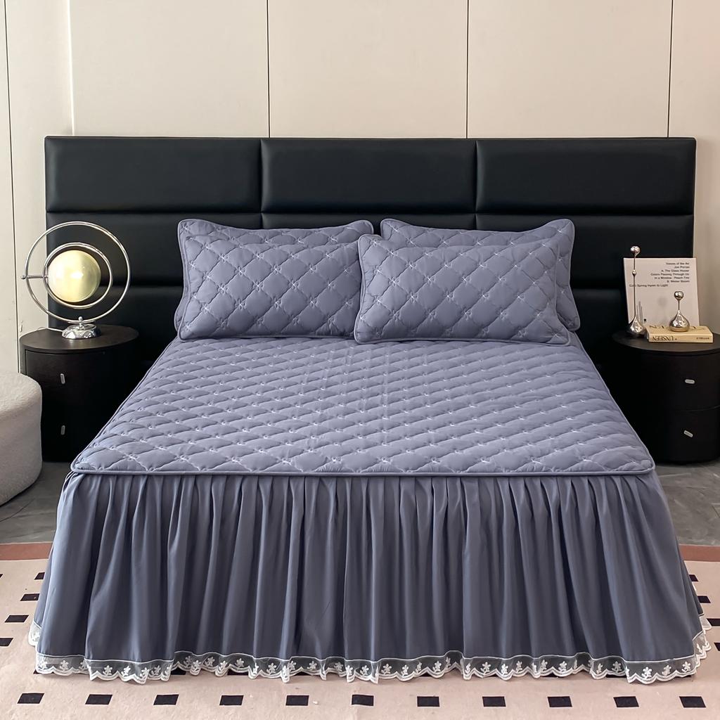 1pc Quilted Bed Skirt Solid Color Bed Cover Lace Style Bedspread Thickened Mattress Protector Roupa De Cama (No Pillowcase)