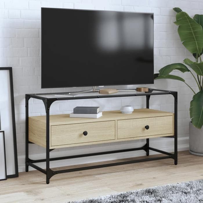 VidaXL Meuble TV avec dessus en verre chêne sonoma bois d'ingénierie, support TV, armoire média, armoire hifi, unité TV, 846065