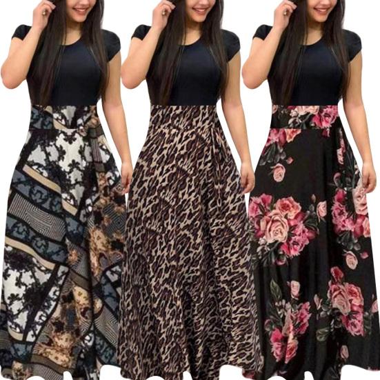 Vestido Maxi Feminino de Manga Curta Estampado Floral Patchwork para Baile de Formatura Coquetel Grande Evasê