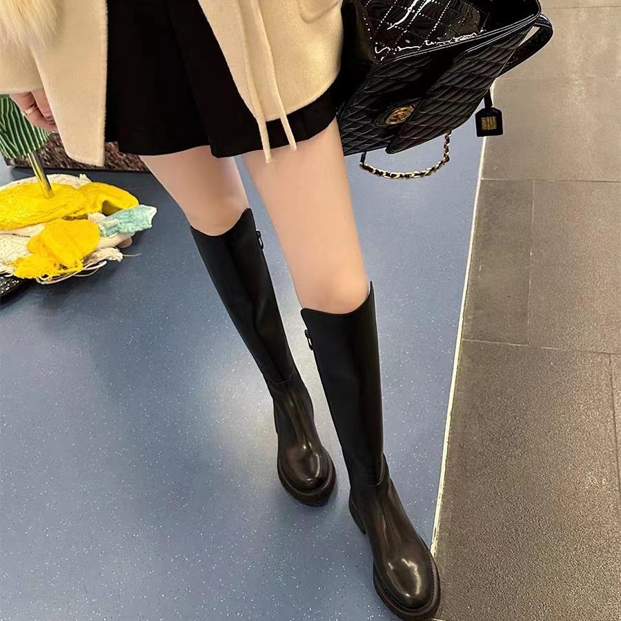 Rindsleder-Version~ 2025 neue dicke Sohle kleine mittlere und lange elastische Reitstiefel Damen Herbst und Winter Leder hohe Stiefel
