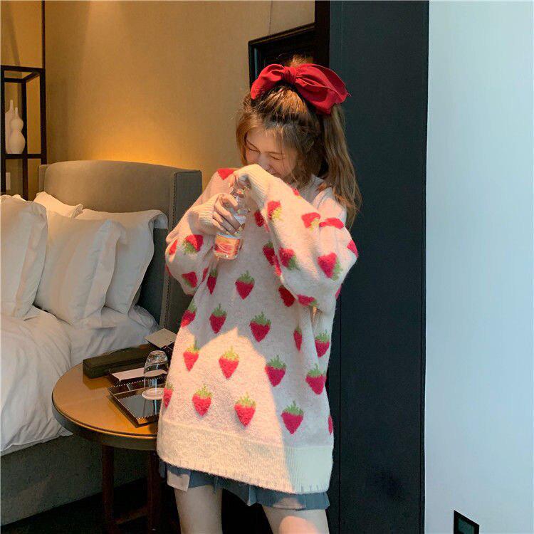 Autumn Winter Sweet Lolita Cute Pink Cartoon Fruit Pattern Knitted Casual Pullover Loose Sweater Long Style Top Outwears