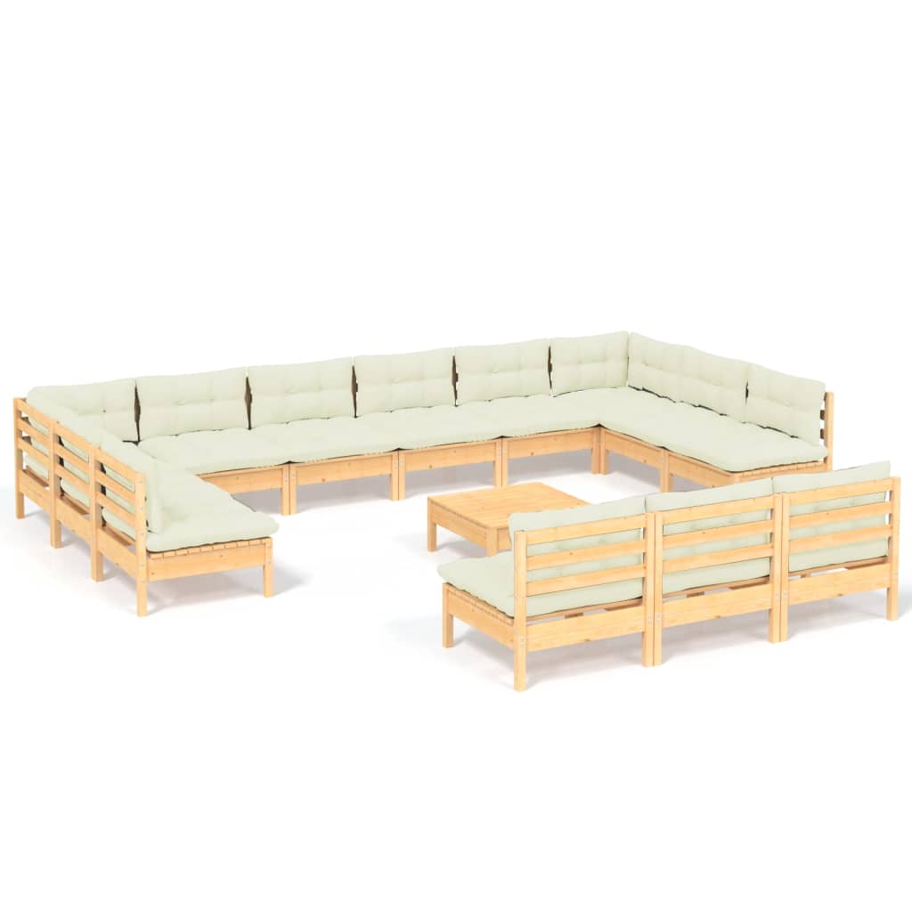 14 Piece Garden Lounge Set with Cream Cushions Solid Pine Wood
