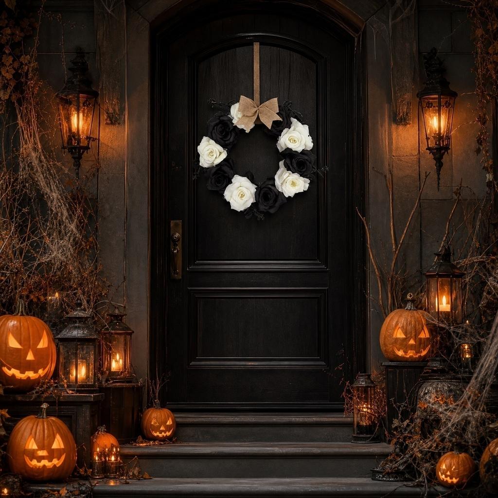 30cm Halloween Rose Bowknot Decorative Wreath for Decor