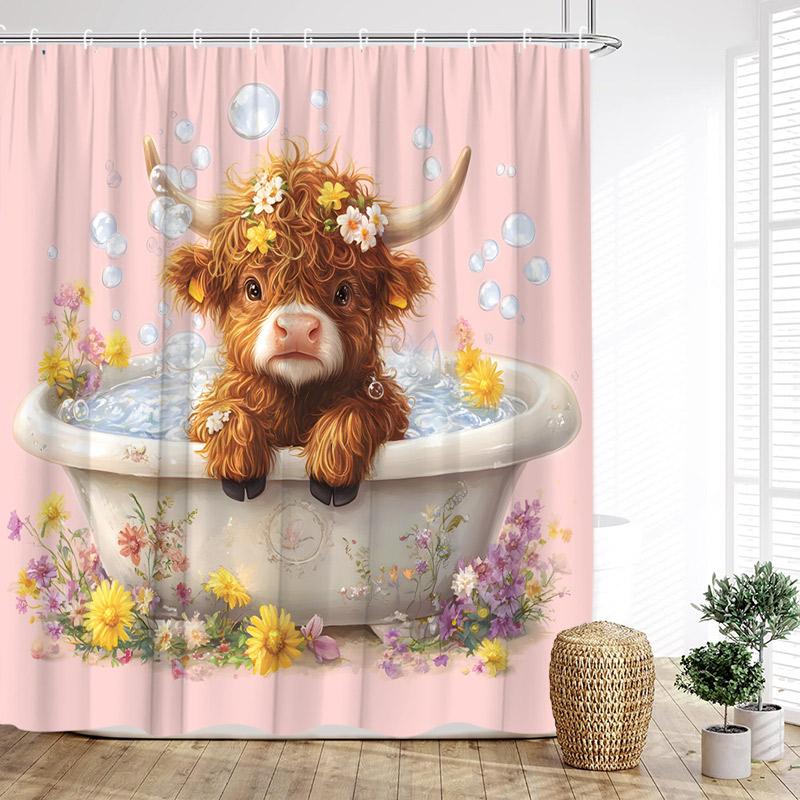 Funny Bathing Highland Cattle Shower Curtains Blue Bathtub Bath Curtain Window Ocean Landscape Bathroom Decoration with Hooks