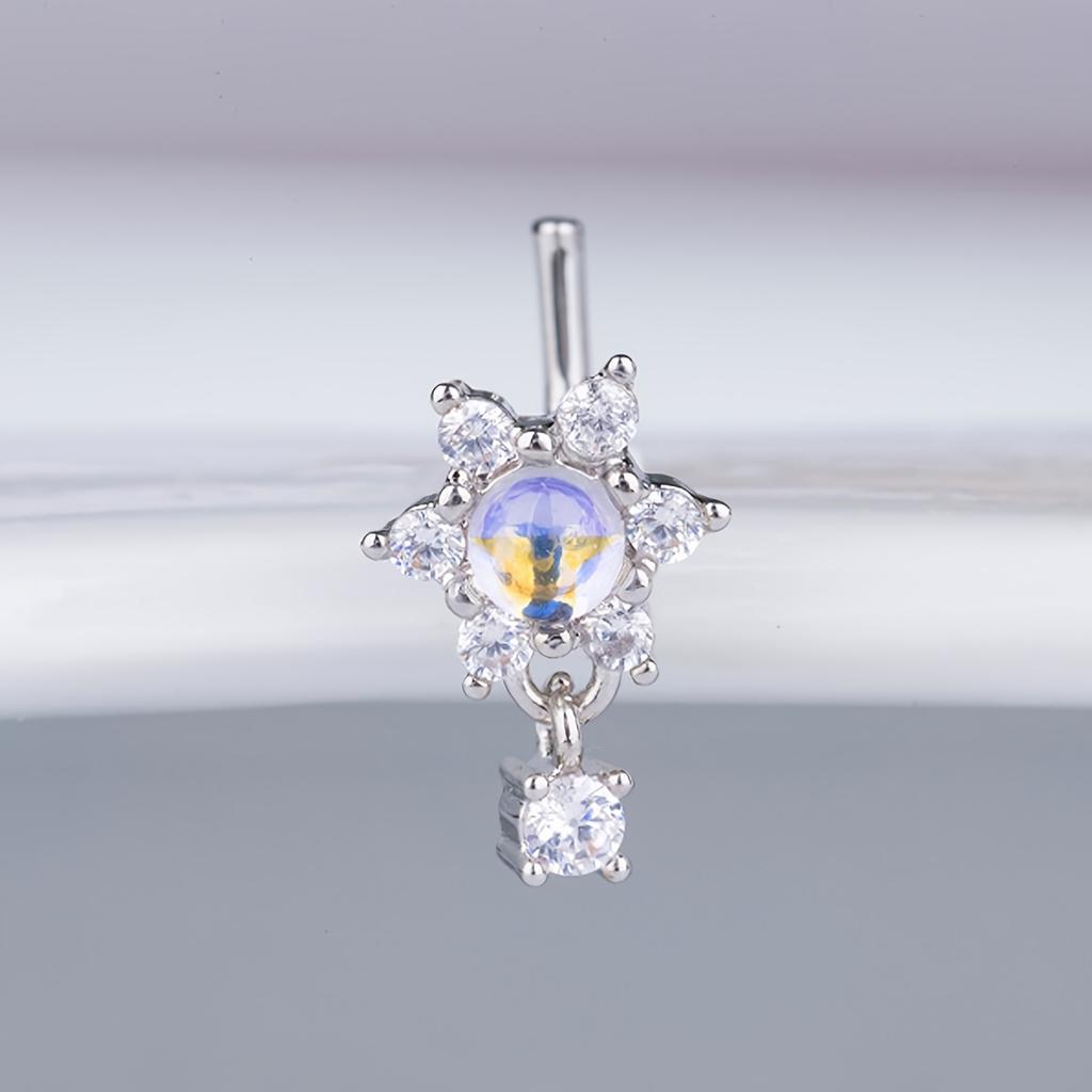 1pc L-Shaped Nose Ring Piercing - Stainless Steel Hypoallergenic 5-Petal Flower Pendant, French Nose Stud for Women