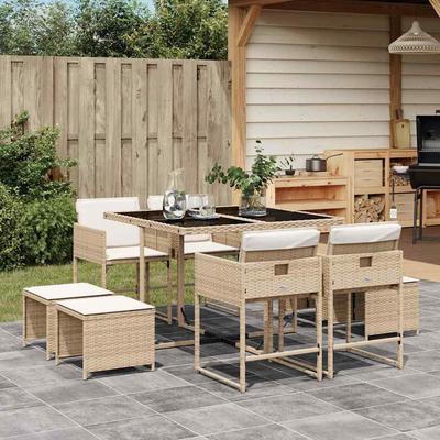 Vidaxl 9-Cz. Garden Furniture Set With Cushions, Beige, Poly Rattan