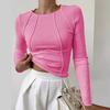 QICED Women's Fashion Casual Solid Color Print Long Sleeve O Neck Blouses & Shirts