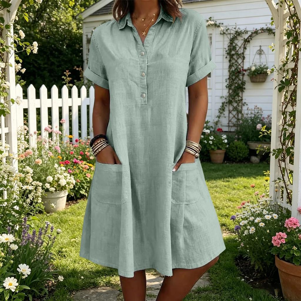 Women Casual Loose Fit Short Sleeve Dress with Lapel Collar Button Front and Pockets Comfortable Summer Dress