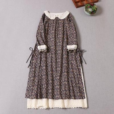 Japanese Mori Girl Spring Autumn Women Cotton Linen Dress Peter Pan Collar Floral Print Retro Dress Embroidery Hollow Out Elegant Vintage Dress