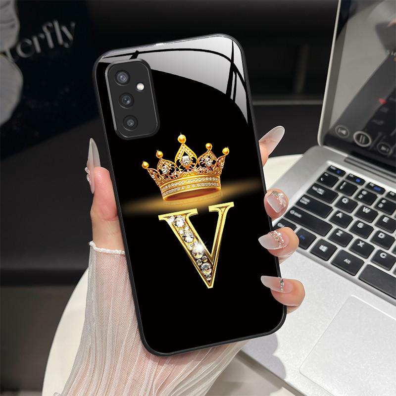 For Samsung M52 5G Case Galaxy M14 SM-M526B SM-M146B Phone Case ShockProof Fashion Initial Letter Hard Tempered Glass Back Cover