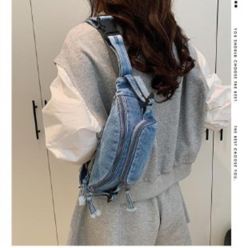 Denim Zipper Waist Packs 2025 Hot Selling Nylon Solid Color Neutral Style Casual Chest Bag Soft Versatile Simple Crossbody Bag