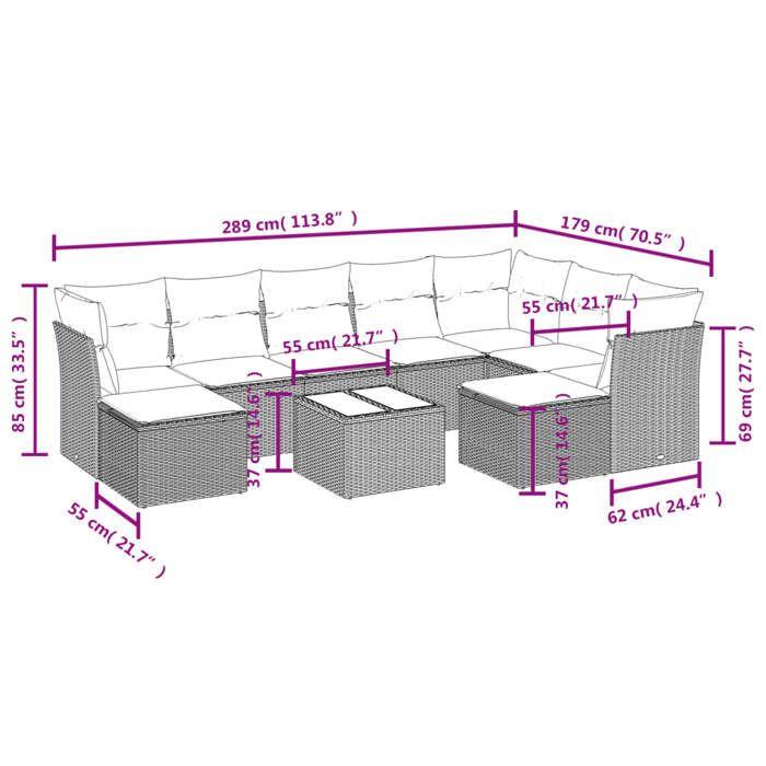 VidaXL Salon de Jardin avec Coussins 10 pcs, Canapés avec Pieds Réglables, Ensemble de Meubles d'Extérieur Patio Terrasse, 3250422