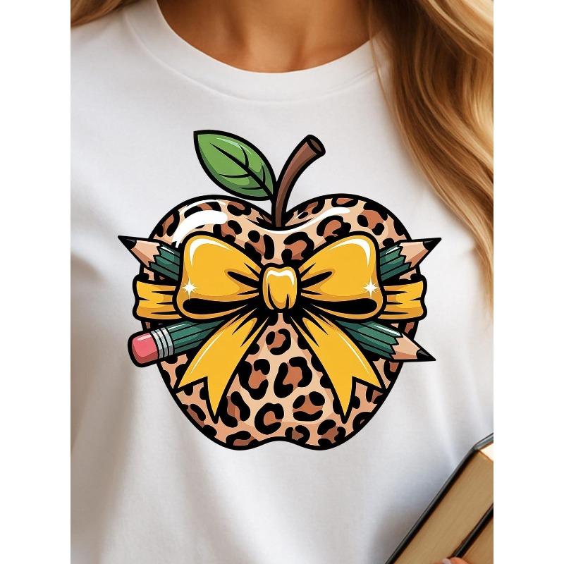 Plus Size Women s Cute Teacher Graphic T-Shirt Leopard Print Yellow Bow Pencil Design Casual Comfortable Teacher Apparel S белый