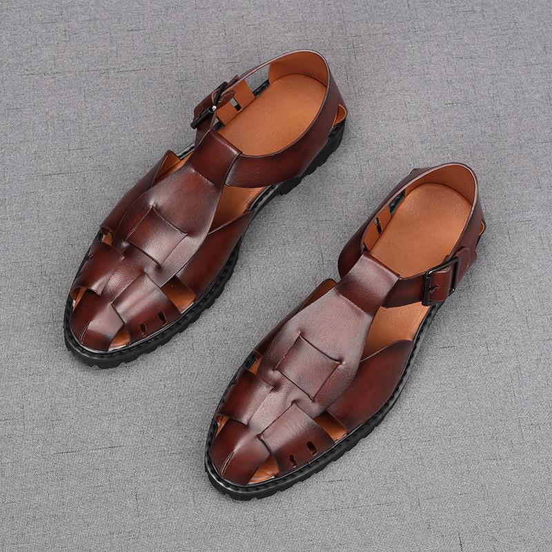 Móda Léto Nové Pánské Retro Římské Gladiátorské Kožené Sandály Vykrojené Prodyšné Boty Jednobarevné Kotníkové Spony Ležérní Boty
