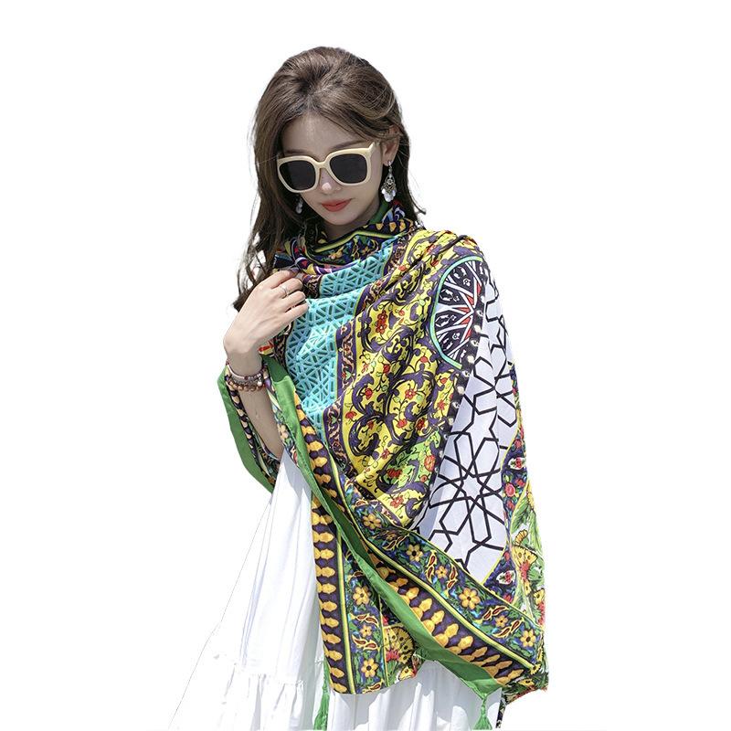 Summer Cotton and Linen Scarf Women's New Bohemian Ethnic Style Oversized Shawl Dual-purpose Summer Sunscreen Beach Silk Scarf
