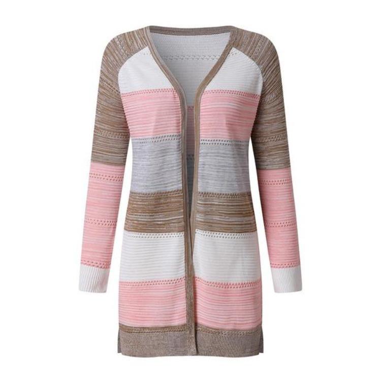 Stylish Women Long Sleeve Striped Patchwork Cardigan Comfy Casual Sweater Female Autumn Long Cardigan