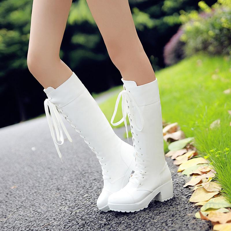 Long boots, women's new autumn and winter cos shoes, white, black, tall front lace-up Martin boots, medium heel women's boots.