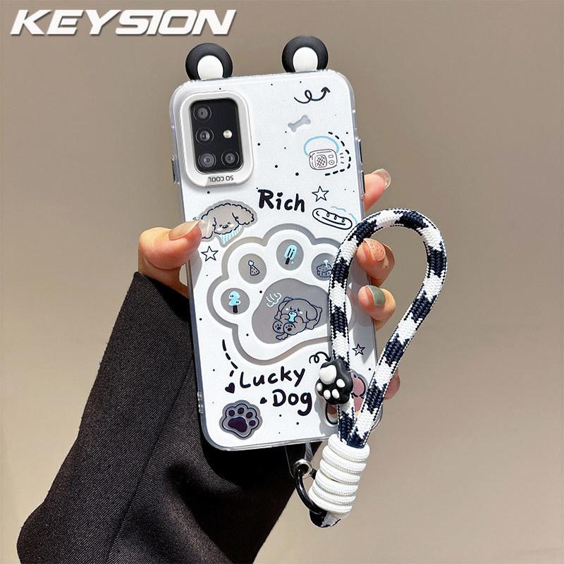 KEYSION Cute Ear Cartoon Case for Samsung A51 4G A31 with Lanyard Soft Silicone+PC Shockproof Phone Cover for Galaxy A31 A51 4G