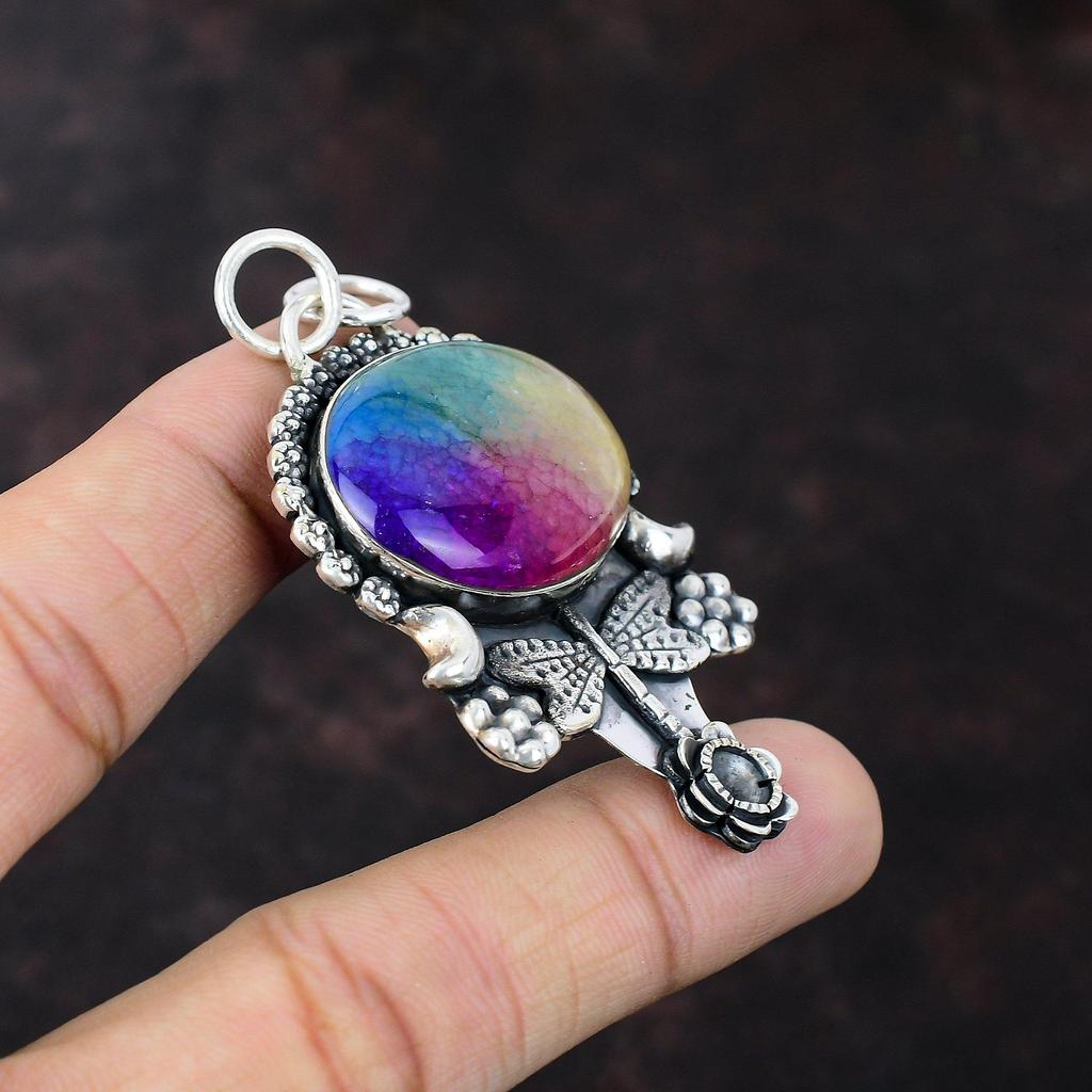 Rainbow Solar Quartz Druzy Pendant 925 Sterling Silver Pendant Handmade Boho Jewelry Dainty Gemstone Pendant Gift For Girl Dragonfly Pendant
