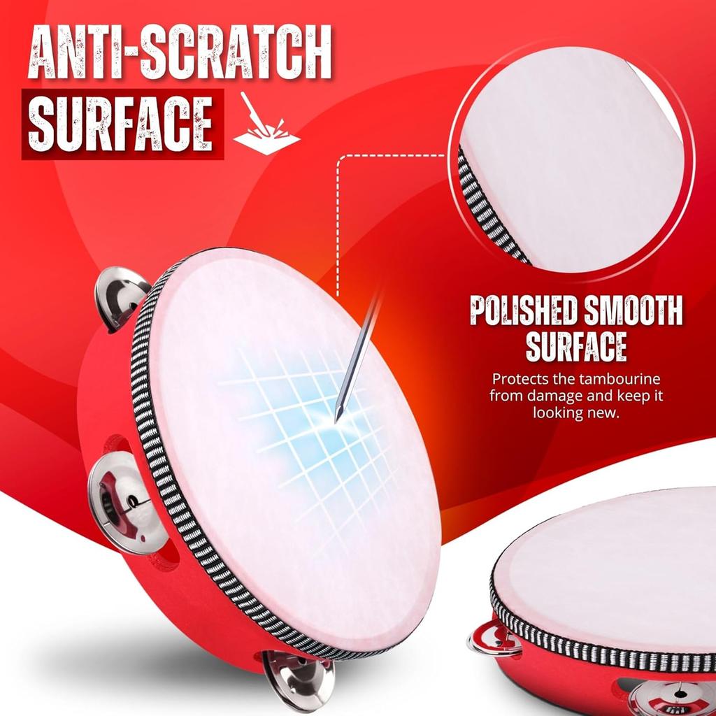 Wooden Round Tambourine 4/6/7/8/10 Inch Single Row Jingles Red Handheld Percussion Instrument for Beginner Tambourine Player