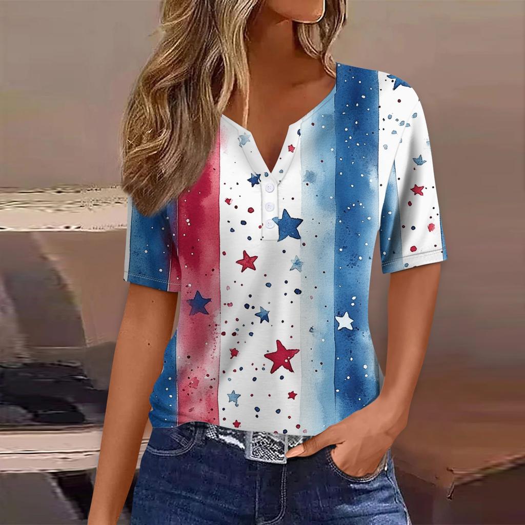 Women's T Shirt Tee Print Button Short Sleeve Daily Weekend Fashion Basic V- Neck Regular Top