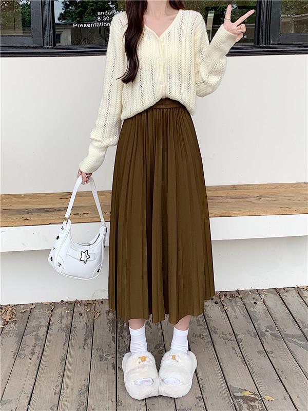 Korean Style Plus Size Pleated Midi A-line Skirt with High Waist Elastic