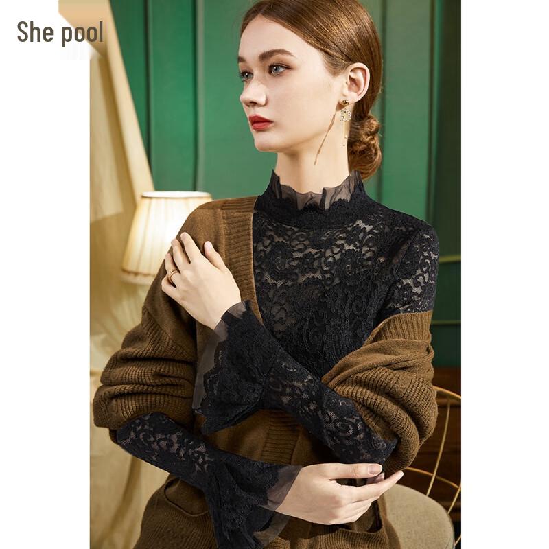 Женский топ с кружевной вставкой, воротником-стойкой и длинным рукавом L