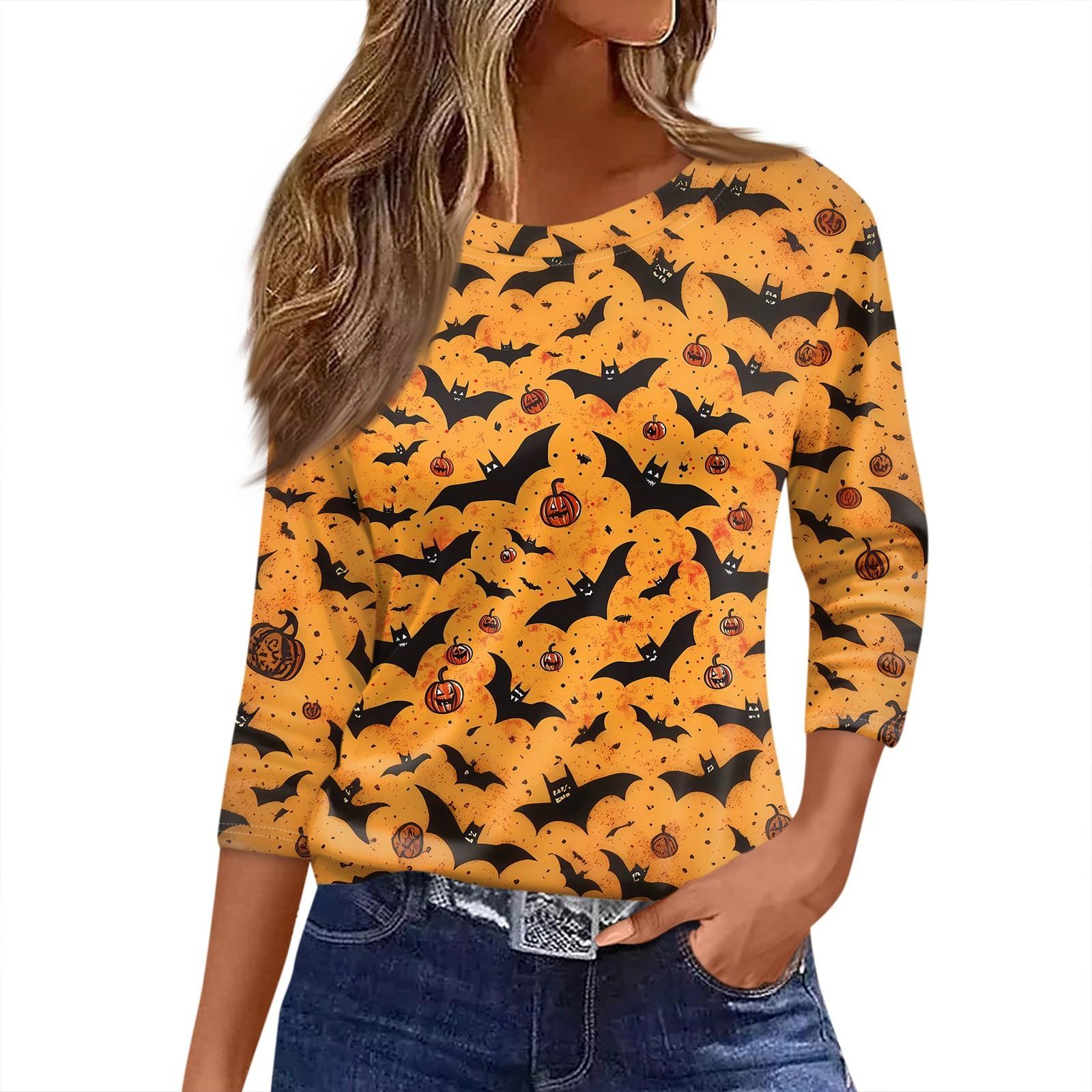 

Женская футболка с принтом на Хэллоуин, рукав 3/4, повседневная мода, базовая, с круглым вырезом, обычный топ M оранжевый