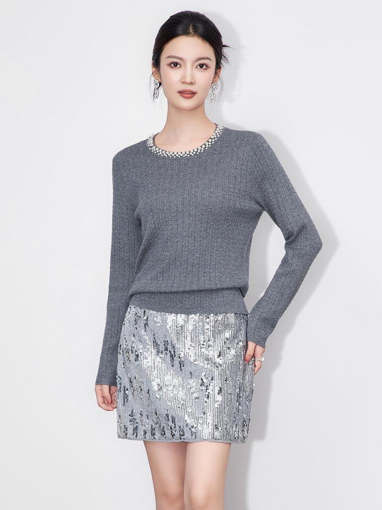 Light Luxury 3D Cable Knit Beaded Round Neck Long Sleeve Sweater Top for Women