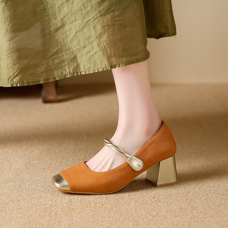 Fashion 2025 New Mary Janes Shoes for Women Retro Patchwork Design Thick High Heels Square Toe Shallow Pearl Buckle Strap Pumps Zapatos