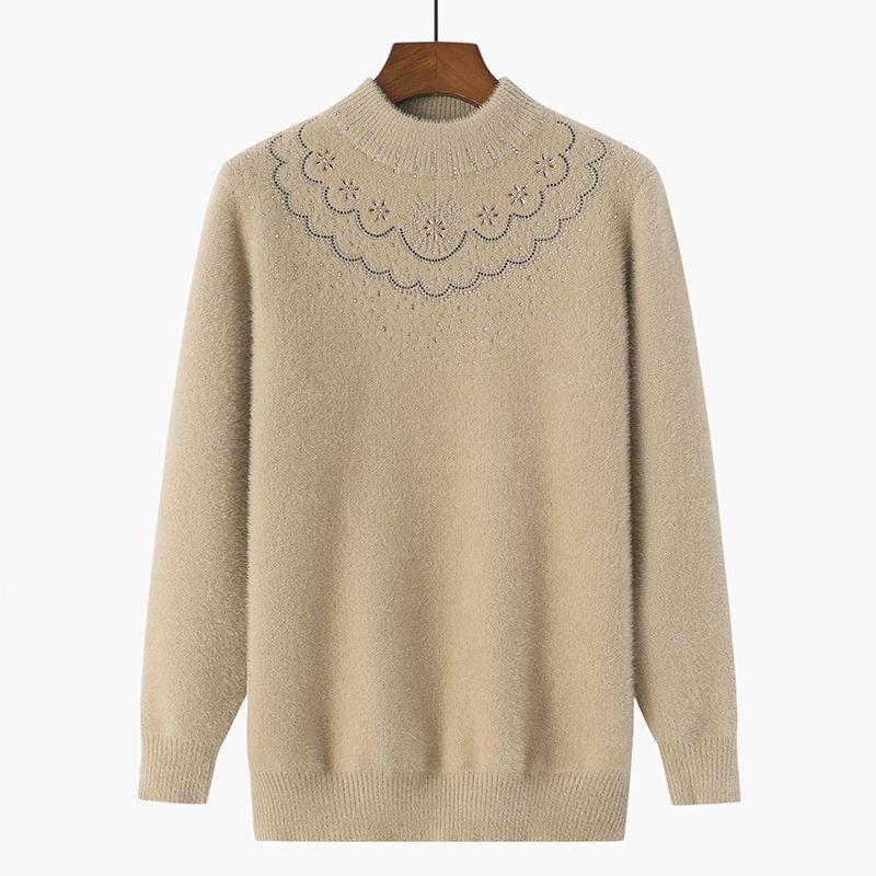 Fashionable Fleece-Lined Grandma's Knit Sweater: Half-High Collar, Imitation Mink Hair, Plus Size