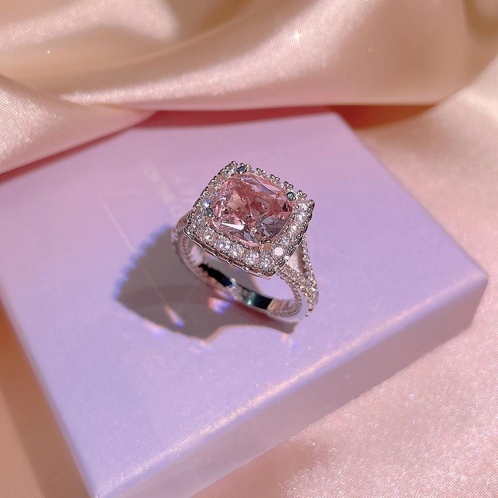 NEW Classic 925  Inlaid Zircon Engagement Ring Pink Crystal Women Shiny Zircon Jewelry Heart-shaped Pink Women's Ring