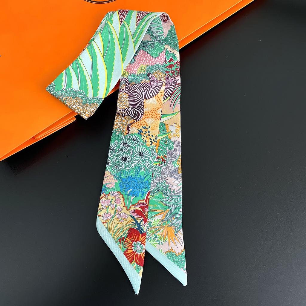 Korean Style Botanical Jungle Horse Print Twill Silk Scarf Women's Long Strip Ribbon Hair Band Neck Tie Accessories