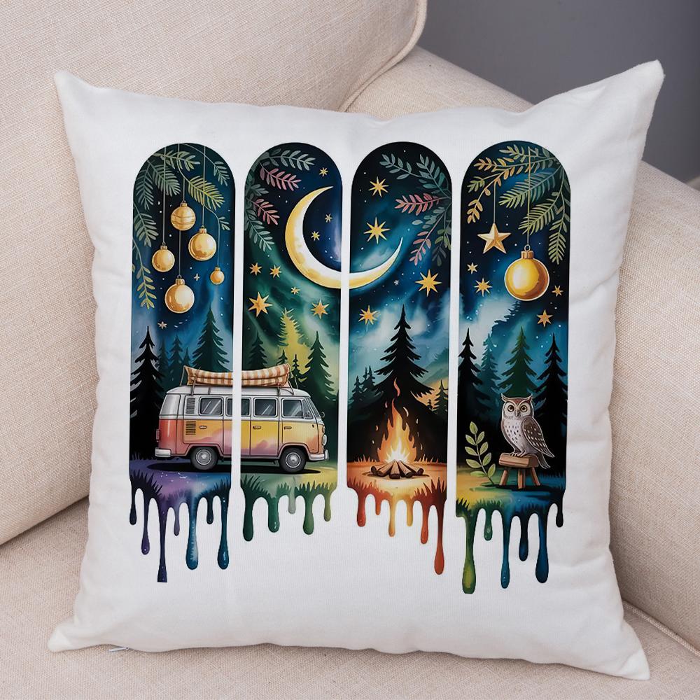 Woodland Campsite Cushion Cover Double Print Bonfire Scene Pillowcase Soft Plush Lake Sunset Cushion Cover for Sofa Home Car