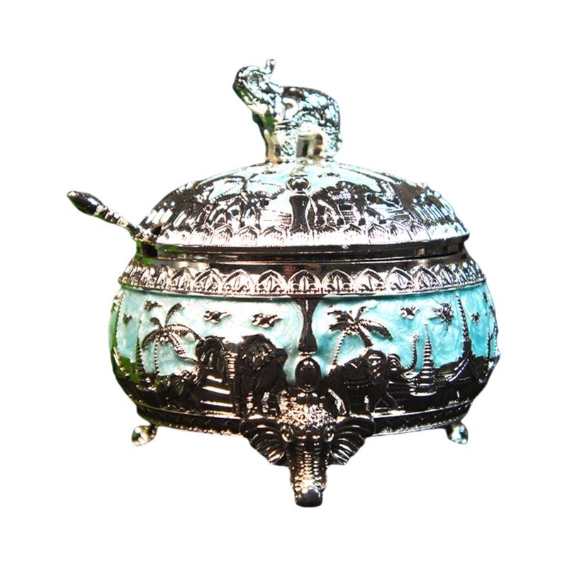 Q1JB Elegant Alloy Sugar Bowl with Lid and Spoon Elephant Kitchen Container Alloy Texture Table Decorating Accessories