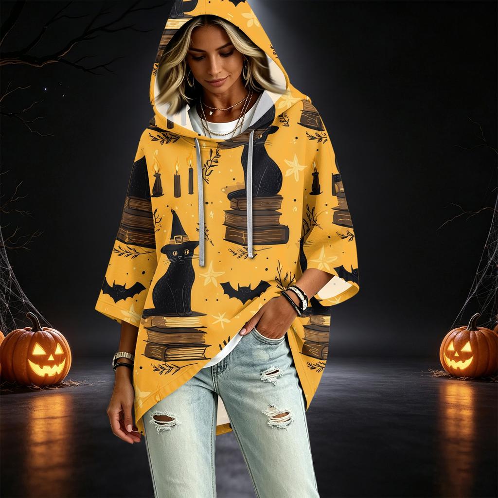 Women's Pullover Hoodie with Three-Quarter Sleeves, Halloween Print, Casual Top