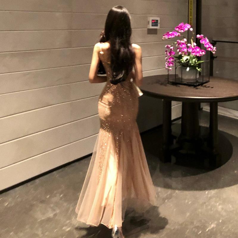 Summer New Heavy Industry Sequined Stitching Mesh Fishtail Skirt Seaside Vacation Suspender Dress Birthday Dress Morning Robe