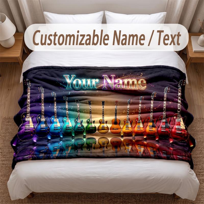Music Guitar Theme Soft Blanket Personalized Custom Name Text Print Warm Blanket Home Sofa Bedroom Decor