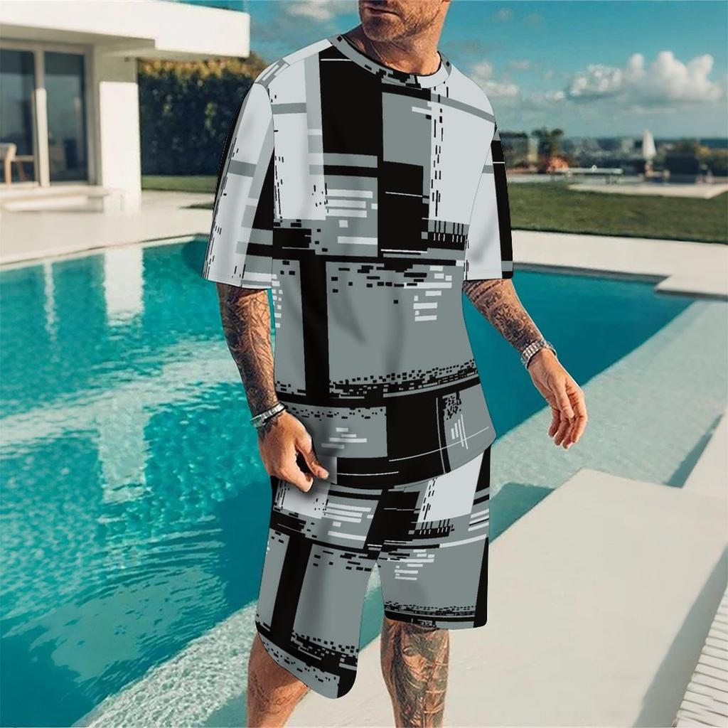 Men Gold White Geometric Triangle 3D Print Short Sleeve Tee And Matching Shorts Two Piece Outfit