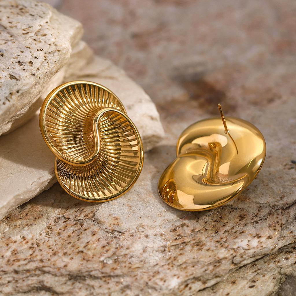18K Gold Stainless Steel Water Drop Texture Spiral Earrings Ins Wind European and American Internet Celebrity Titanium Steel Asymmetric Stud Earrings