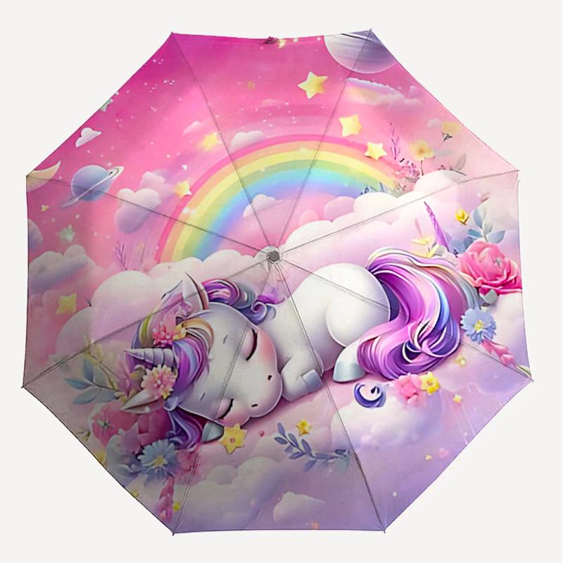 1PC Unicorn Rainbow Umbrella-8-Rib Reinforced Portable Folding Travel Suitable for All Seasons Outdoor Daily Use  -J0361