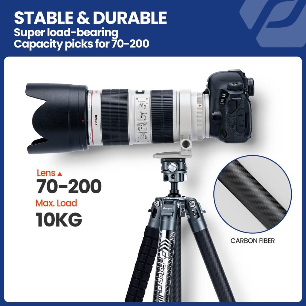 Fotopro Carbon Tripod Adjustable Camera Tripod 152CM Lightweight Travel Tripod Camera DSLR Up to 10kg Load Includes Bag Hidden Cell Phone Holder 3