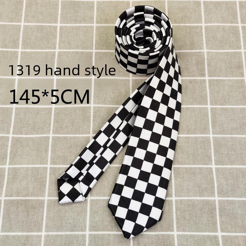 Checkered Black & White Narrow Tie In Pinstripe Design (5cm) - Trendy Matching Shirt or Photography Prop