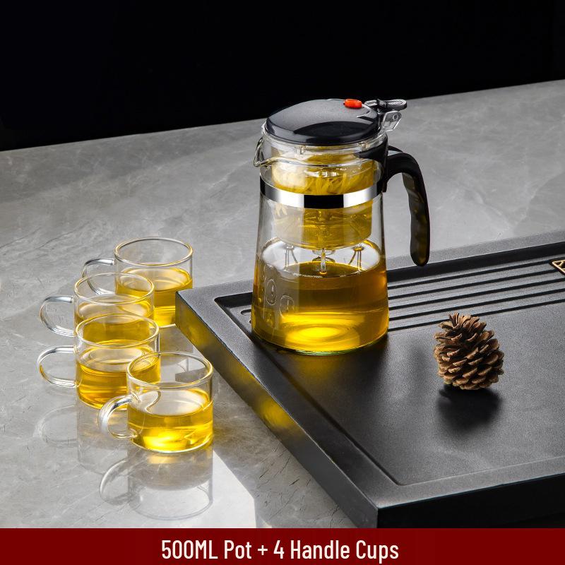 Elegant Heat-Resistant Glass Tea Infuser Pot with One-Button Filtering - Customizable with Logo Option.